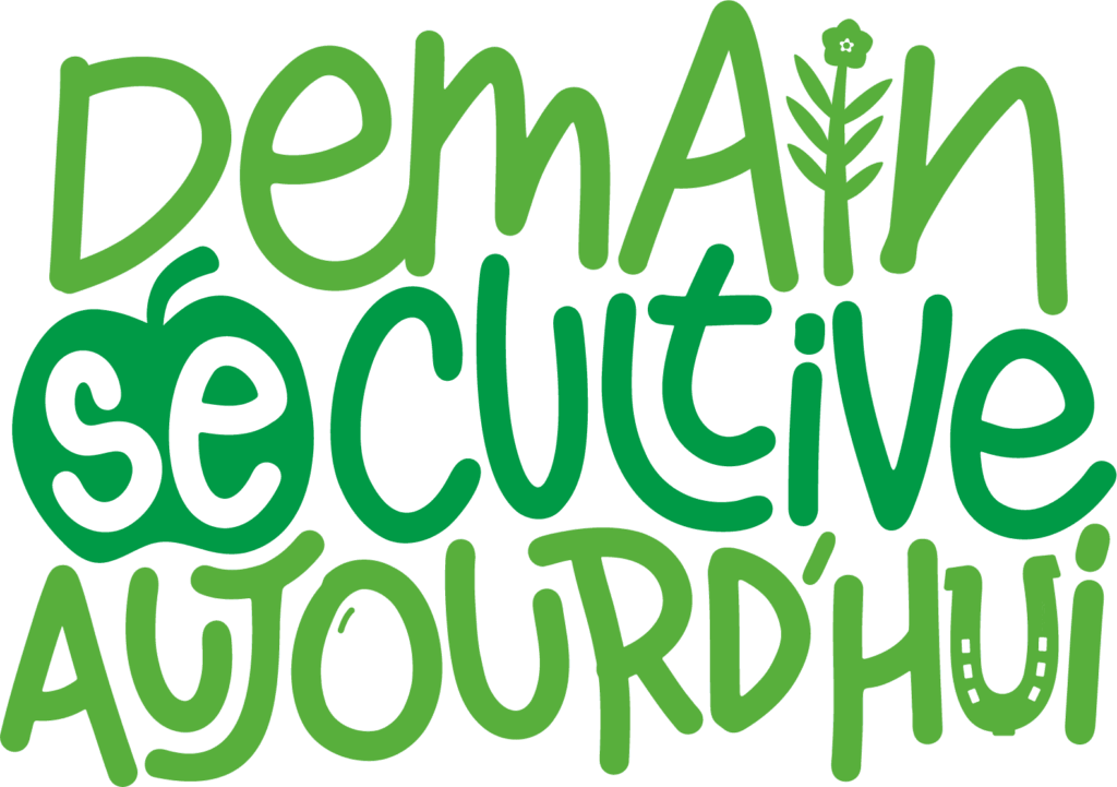 Logo “Demain se cultive aujourd’hui” en version vert, conçu par Gaële Gerbaux du studio nueva vista : lettrage vivant illustré avec pomme stylisée, fleur de lin et éléments agricoles. Identité graphique pour un événement des Chambres d’Agriculture de Normandie.