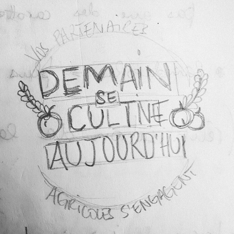 Recherche graphique du logo “Demain se cultive aujourd’hui”, mélange typographique et pictogrammes agricoles, conçue par Gaële Gerbaux du studio nueva vista dans le cadre d’une identité territoriale pour un événement agricole normand.