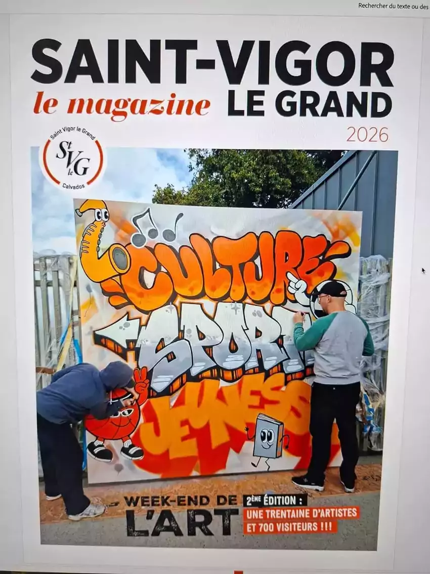 Couverture du magazine municipal de Saint-Vigor-le-Grand reprenant la fresque lettering Culture Sport Jeunes