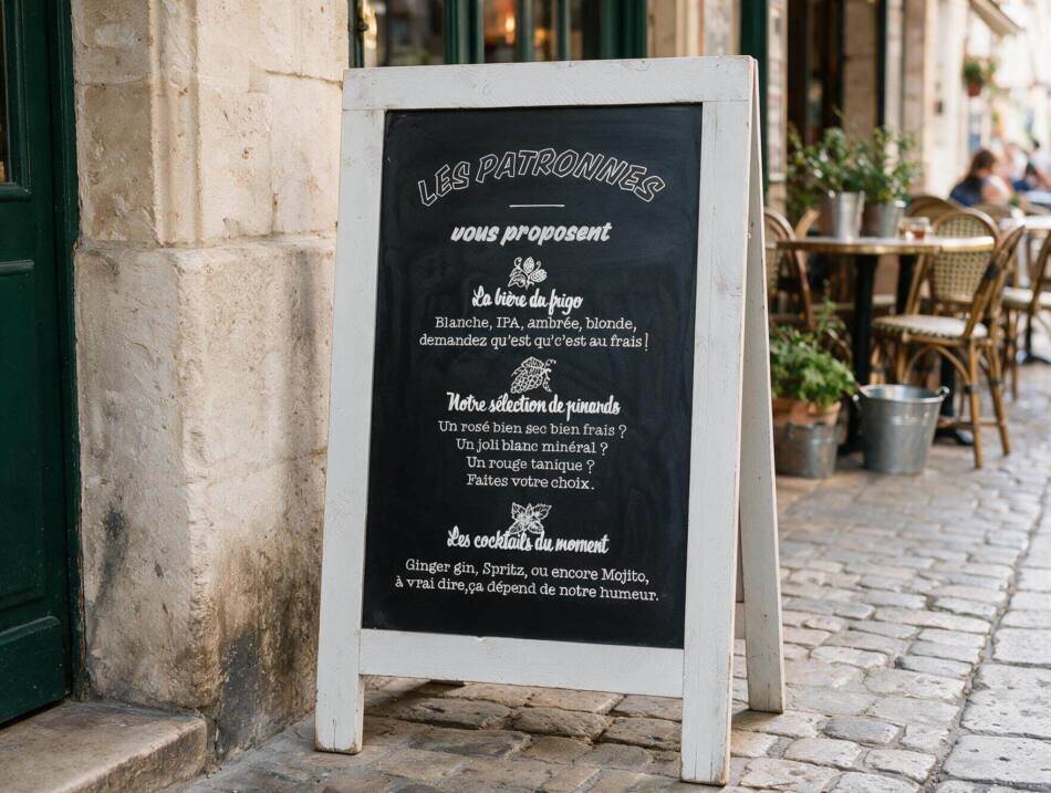 Ardoise peinte a la main installee devant un bar a vins