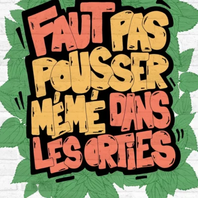 Faut pas pousser mémé dans les orties.
Du gras, du piquant, du contraste. J’ai dessiné ce lettrage pour capturer l’énergie brute de l’expression : des lettres blocs, une texture usée, et cette couronne d’orties qui vient enserrer le texte. Pas de chichis, juste du caractère.
Une étude de contrastes entre le végétal et la typographie, pour un message qui ne mâche pas ses mots.
Fait main sur iPad avec Fresco.